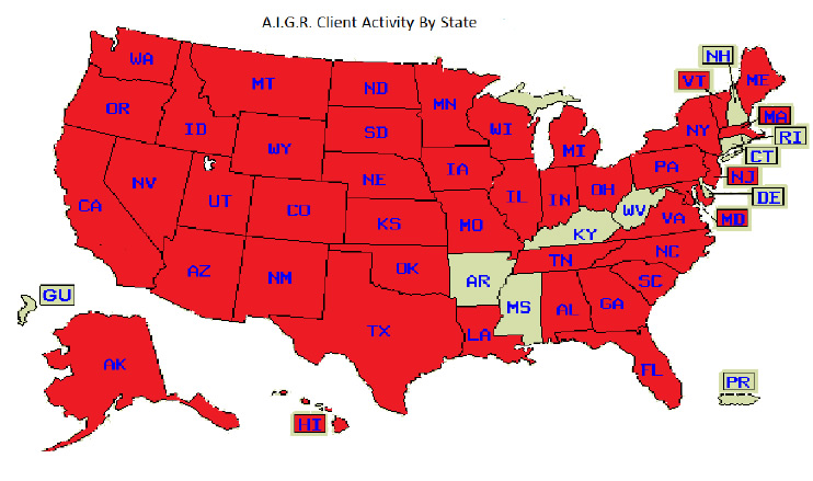United States map showing over forty states with AIGR clients.